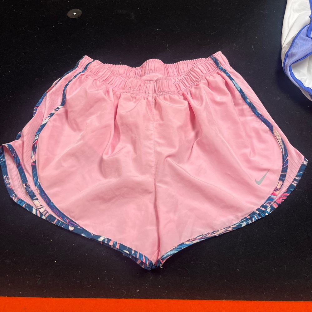 Nike Pink Women's Athletic Shorts with Navy Patterned Trim